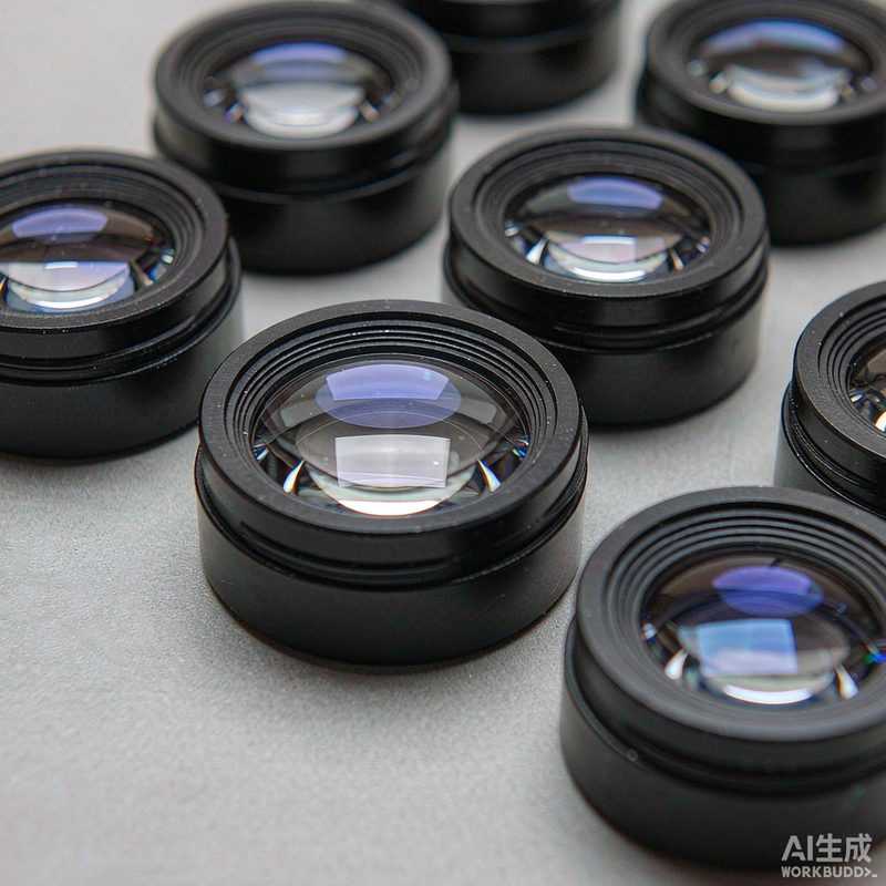 Mounted aspheric objective array — one element doing the work of three.